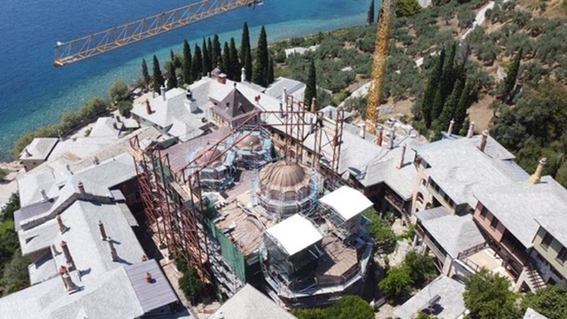 Aerial view of restoration work at Holy Docheiariou Monastery