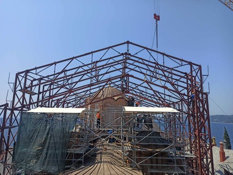 Roof restoration structure at Holy Docheiariou Monastery